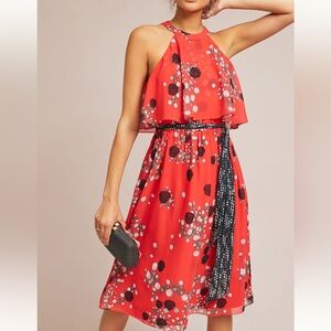 BRAND NEW Anthropologie Castania Red Polka Dot Floral Chiffon Midi Dress XL